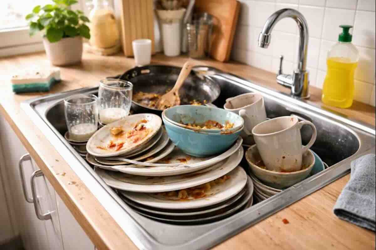 Una pila di piatti sporchi nel lavandino della cucina.
