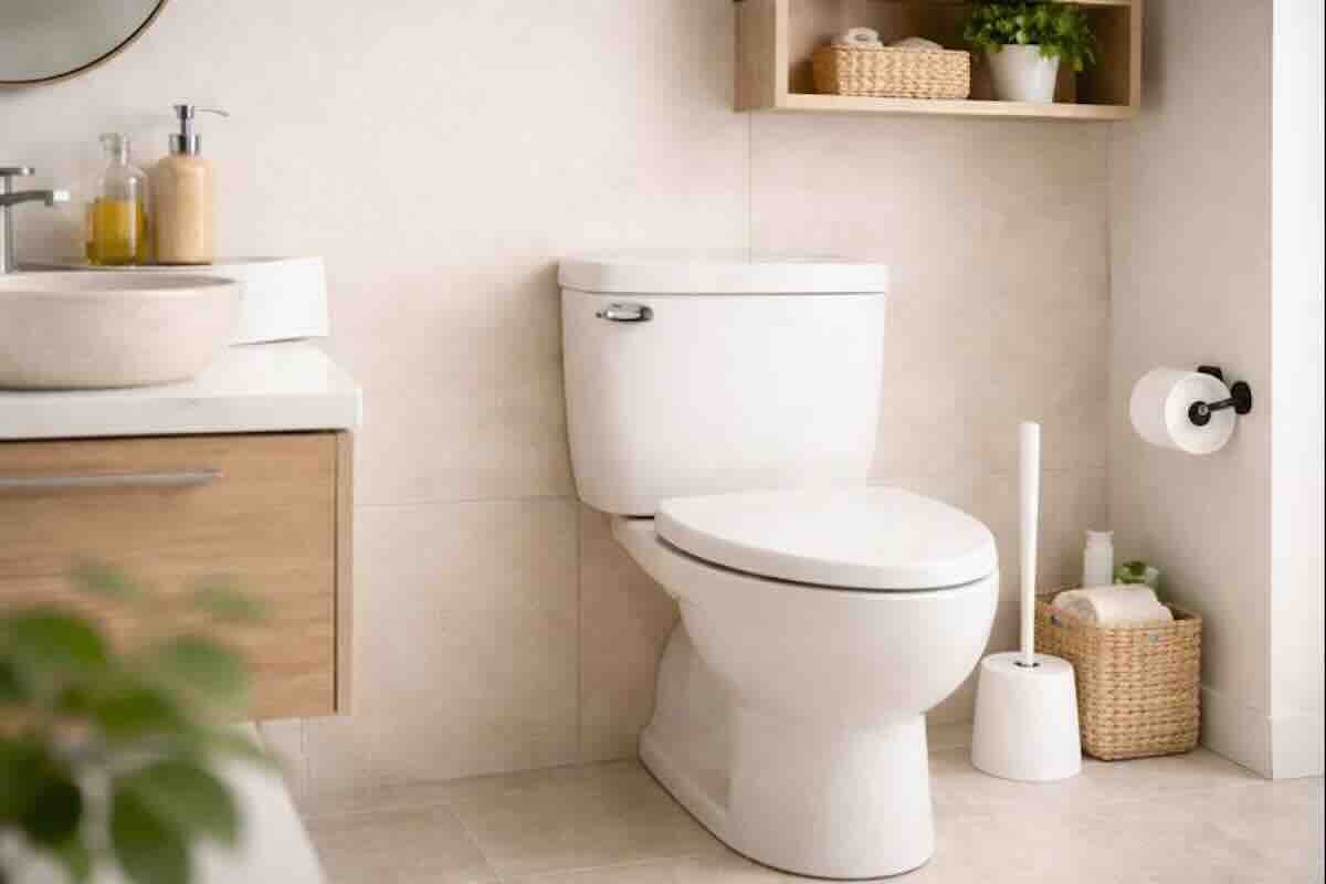 [Moderno bagno con sistema di pulizia WC automatico e senza scopino.]