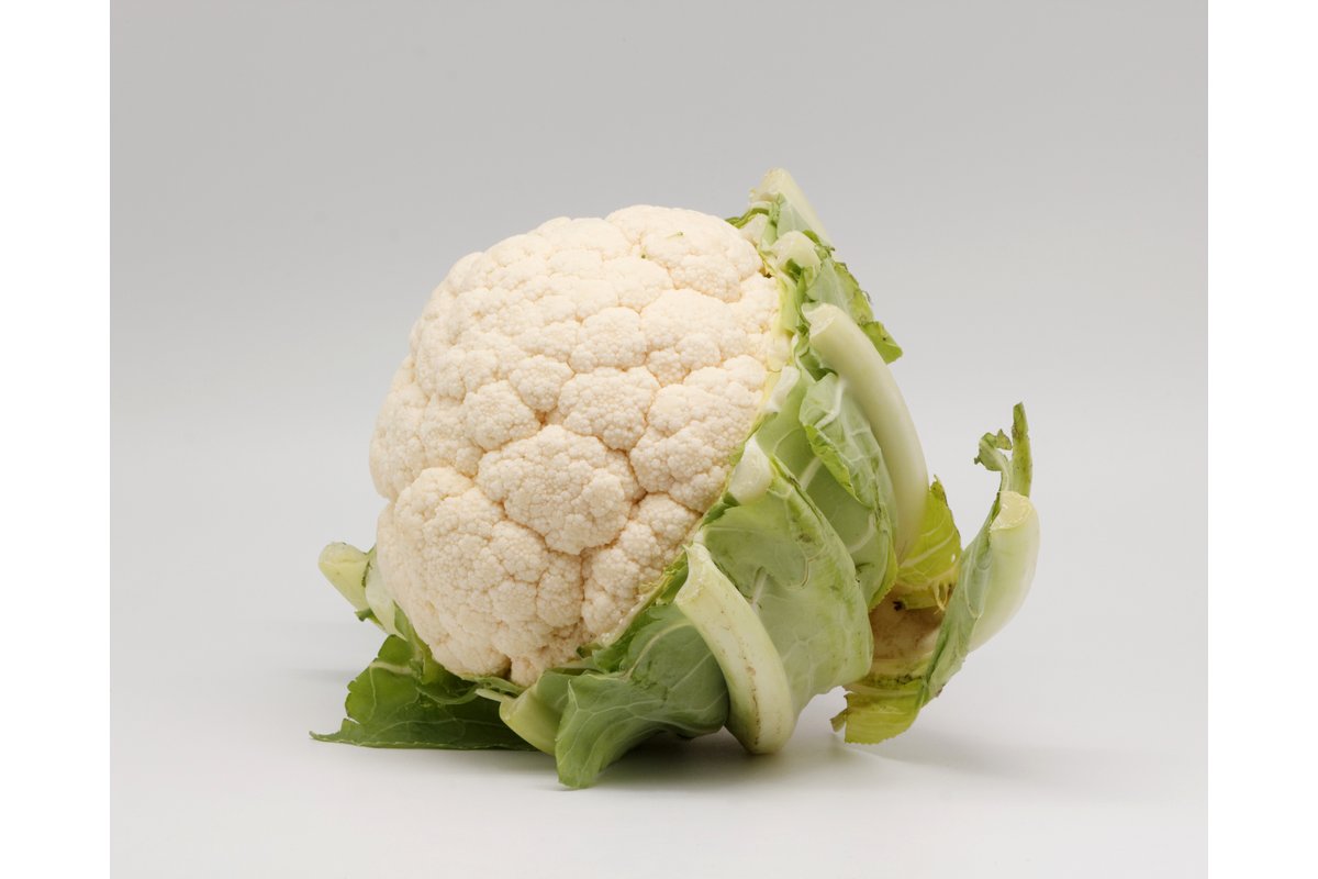 Primo piano di un cavolfiore fresco su sfondo bianco.
