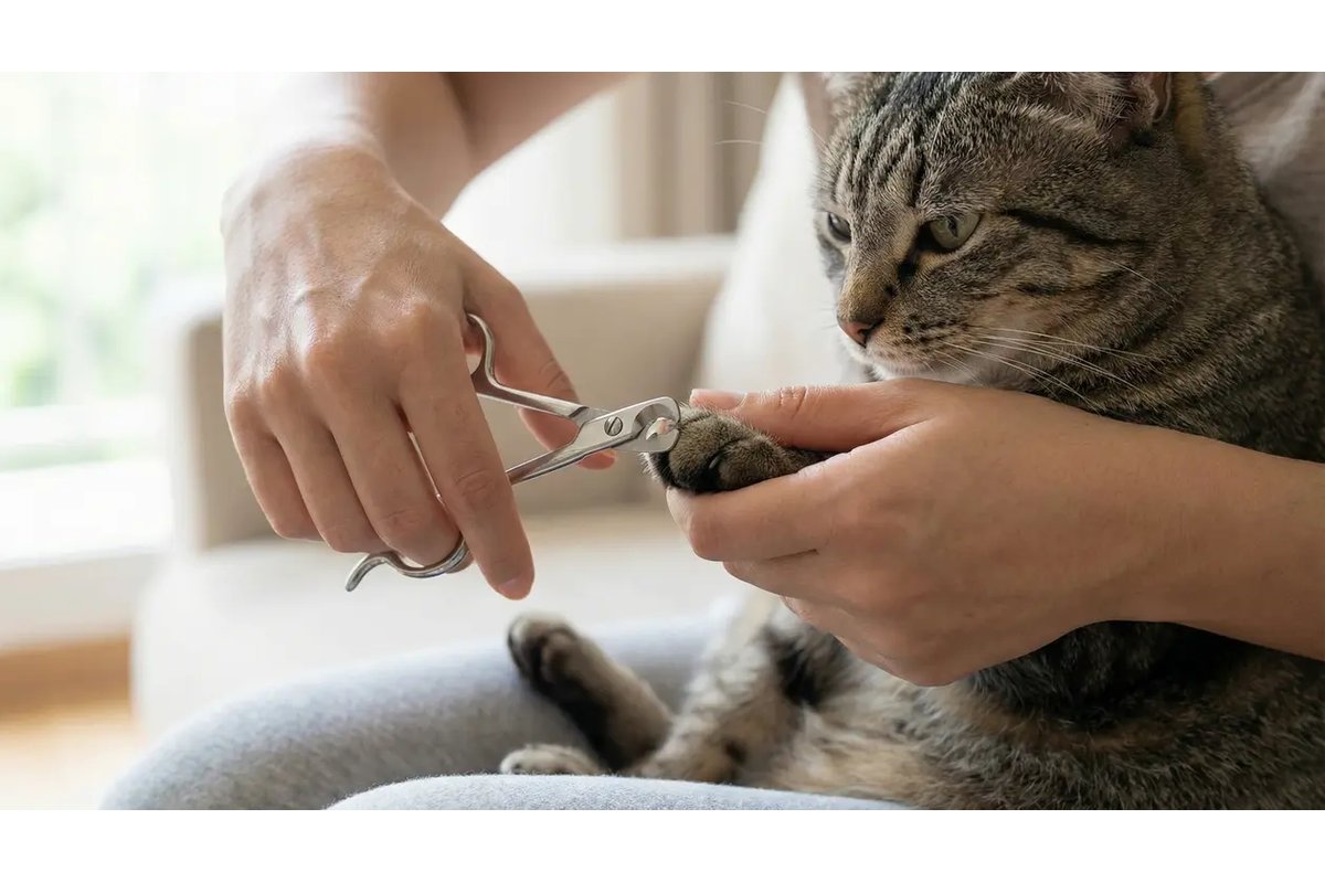 Persona taglia le unghie a un gatto rilassato su un tavolo.