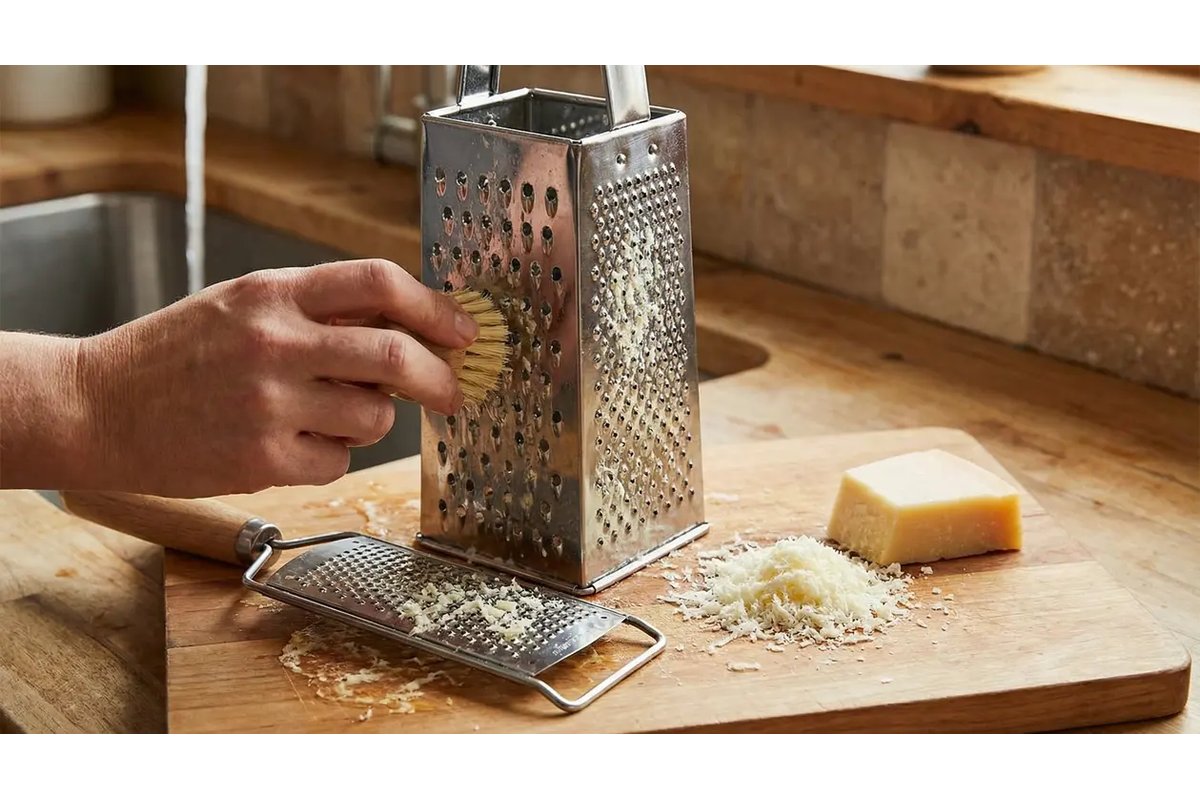 Grattugia con formaggio bloccato tra le lame, primo piano.