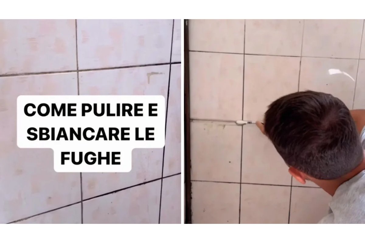 Detergente naturale applicato su fughe nere di piastrelle del bagno.