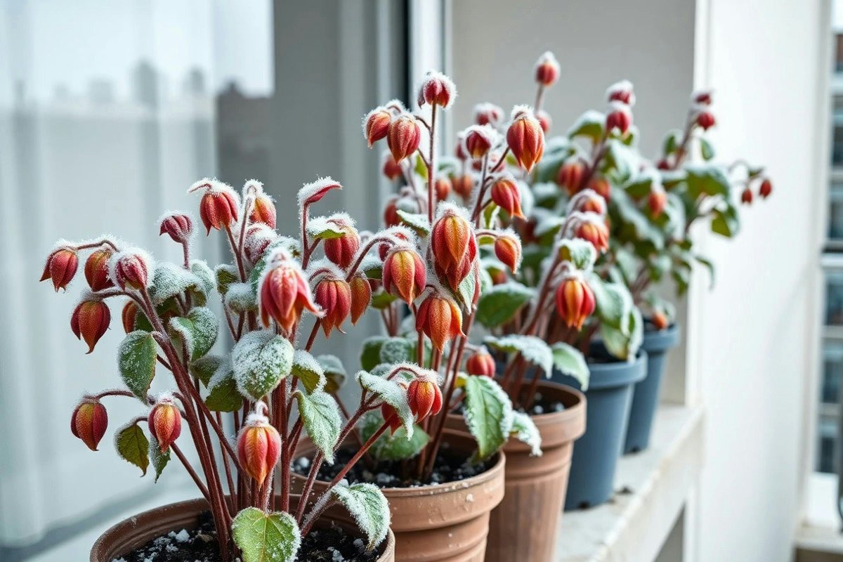 Piante su un balcone coperte da teli protettivi contro il freddo.