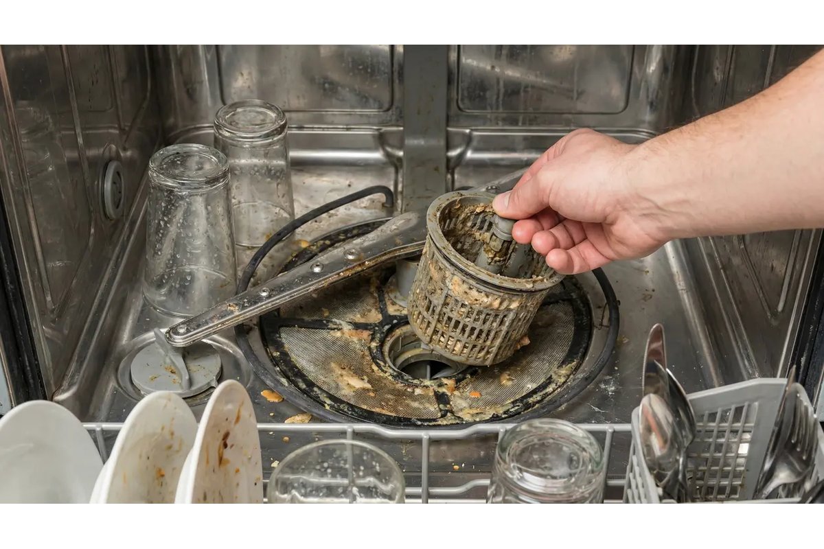 Lavastoviglie aperta con piatti sporchi all'interno.