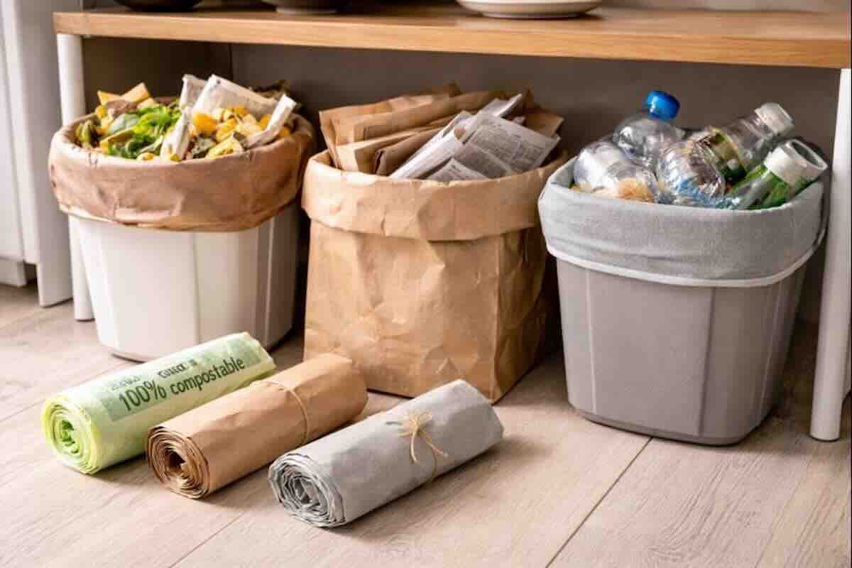 [Contenitori riutilizzabili per rifiuti organici in una cucina moderna]