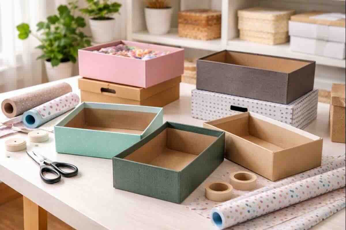 Scatola delle scarpe trasformata in un elegante organizer per cassetti.